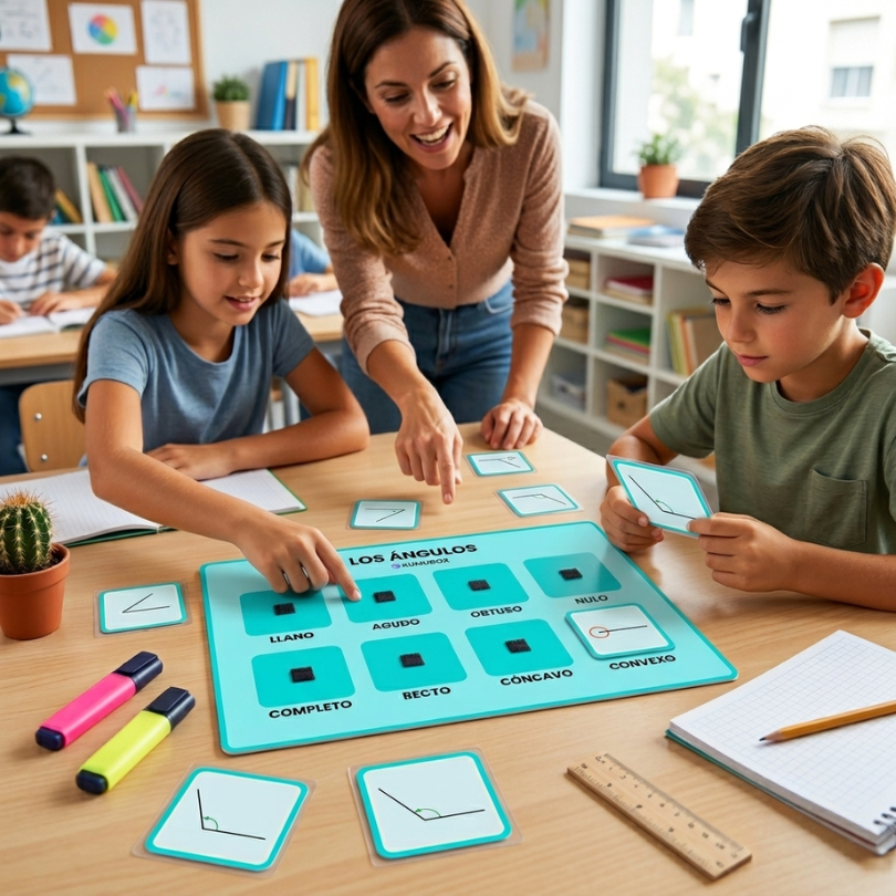 este recurso didáctico consiste en un tablero con 8 espacios y 8 tarjetas con imágenes para trabajar los diferentes tipos de ángulos de manera visual y manipula...