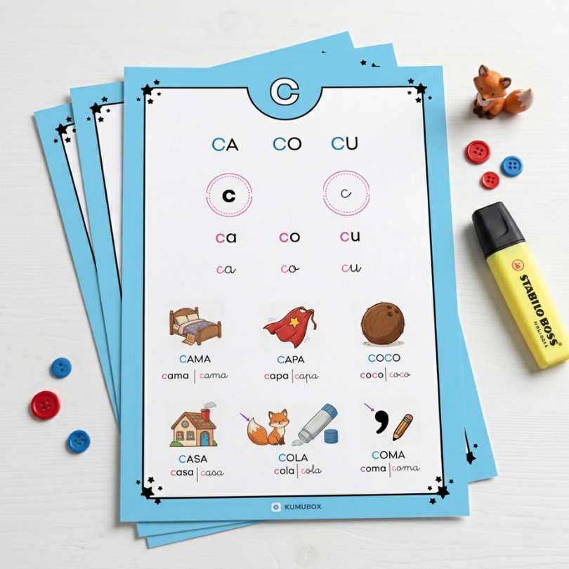 Cartilla didáctica de lectura para trabajar la letra C con sonido fuerte (/k/) y las sílabas CA, CO, CU en Educación Infantil y 1º de Primaria.