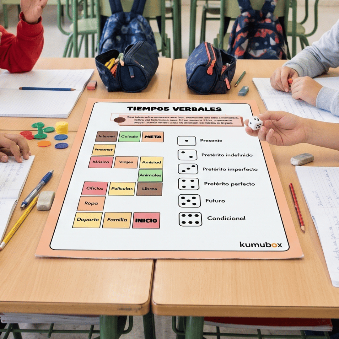 Juego de tablero gamificado de Lengua Castellana para practicar la conjugación, la coherencia semántica y la expresión oral mediante el azar del dado.