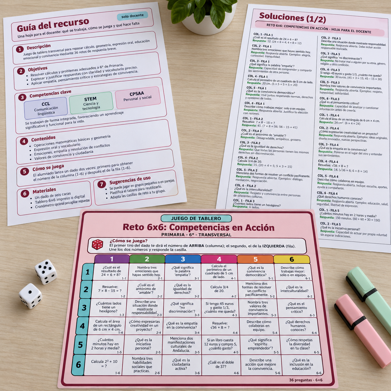 Juego imprimible 6x6 con 36 retos de cálculo, expresión oral, emociones y convivencia para 6º de Primaria. Incluye tablero, guía y soluciones.
