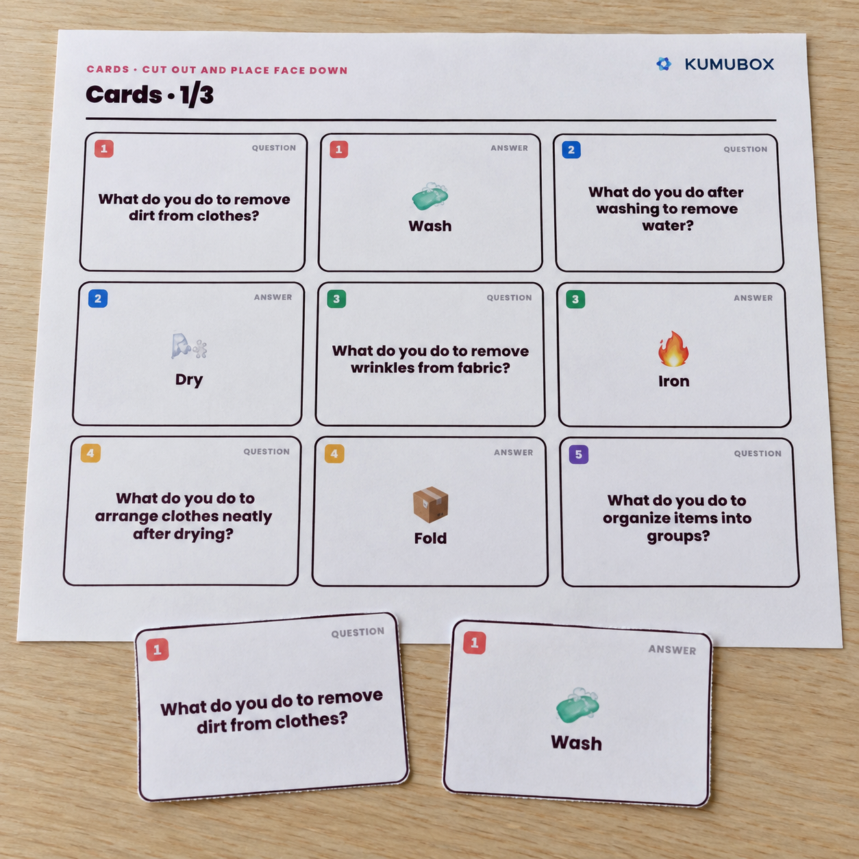 Memory en inglés con 24 tarjetas y 12 parejas sobre lavandería, textiles y acciones cotidianas. Incluye guía docente y solucionario.