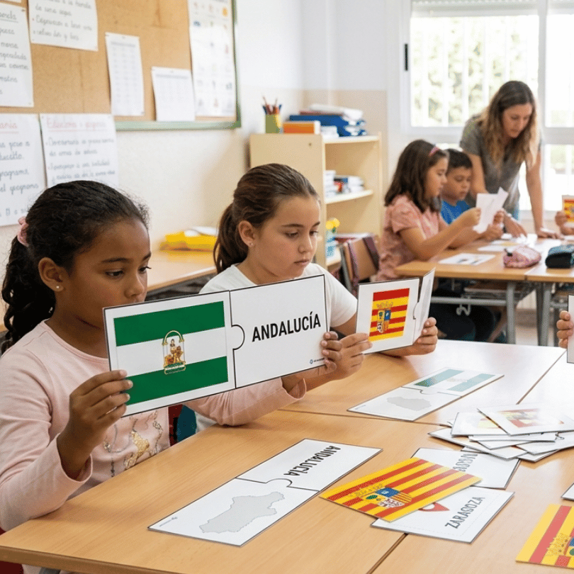 Descarga este recurso manipulativo de puzzles de 4 piezas para aprender las comunidades autónomas de España, sus banderas, capitales y siluetas.