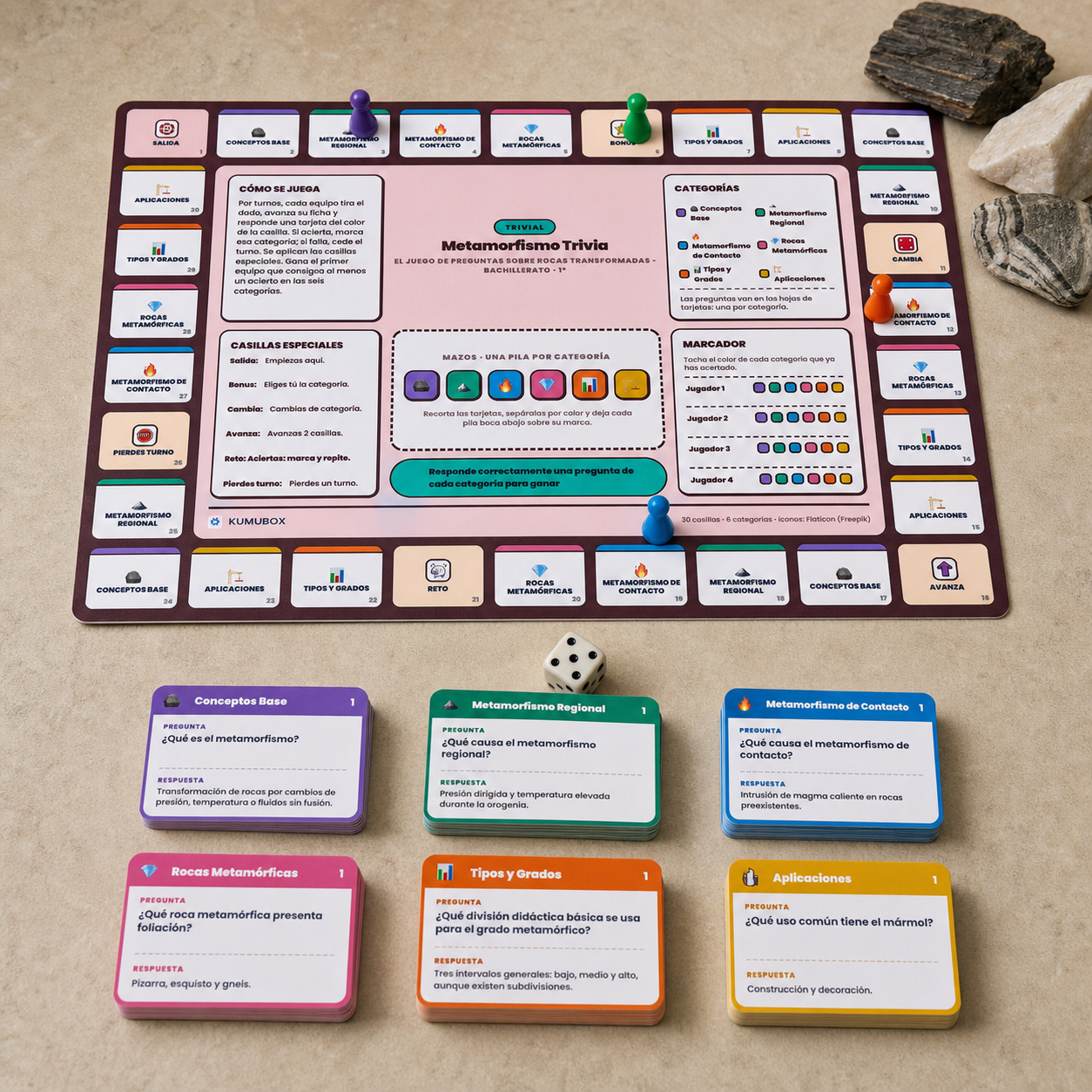 Trivial imprimible de Geología para 1.º de Bachillerato con tablero y 48 tarjetas sobre metamorfismo, rocas, grados, contextos y aplicaciones.