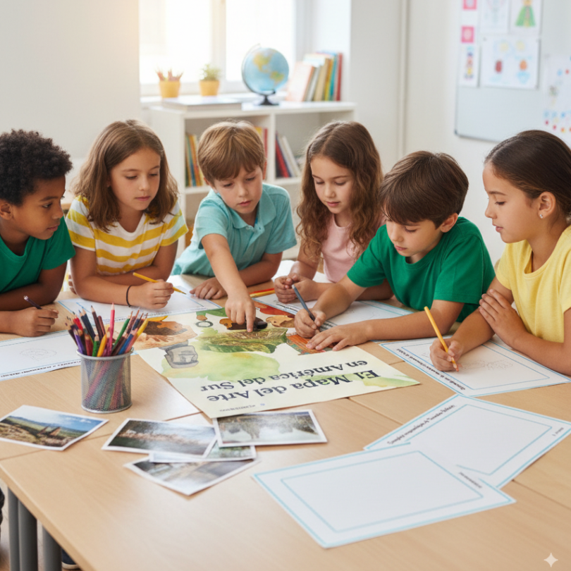 Cuaderno educativo para descubrir y ubicar en un mapa las principales obras del arte sudamericano, fomentando la observación y la escritura