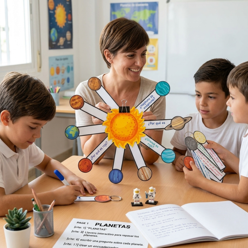 un recurso manipulativo e interactivo en forma de llavero que permite a los estudiantes explorar el sistema solar de manera dinámica los planetas se organizan e...