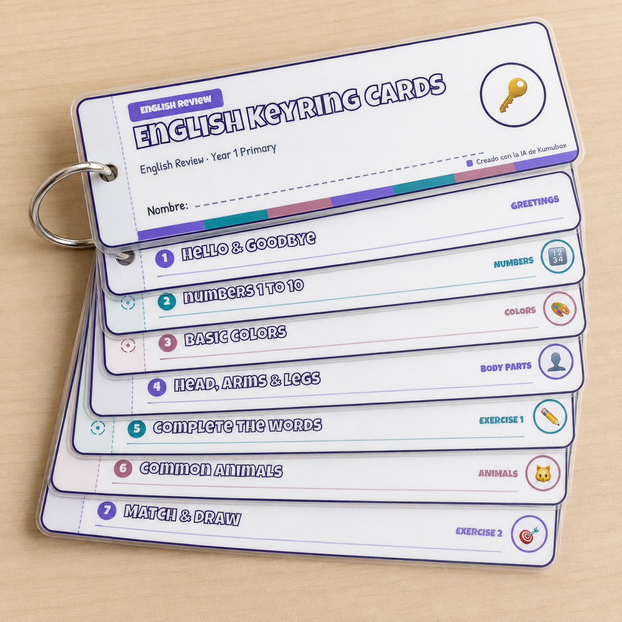 Llavero imprimible con portada y 7 tarjetas para repasar saludos, números, colores, cuerpo y animales en inglés en 1.º de Primaria.