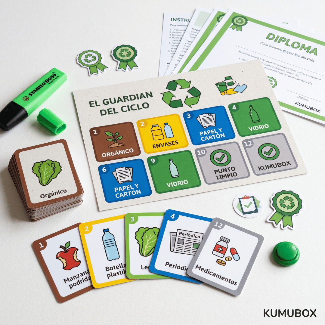 juego de mesa interactivo para 3.º y 4.º de Primaria para aprender a clasificar residuos y reciclar correctamente. Incluye adaptación DUA y competencias LOMLOE.