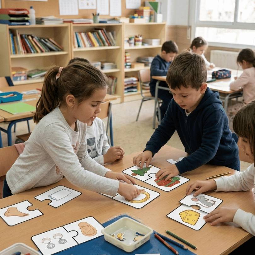 Recurso educativo para Educación Infantil con tarjetas puzzle de analogías que fomentan el razonamiento lógico y el pensamiento analógico.