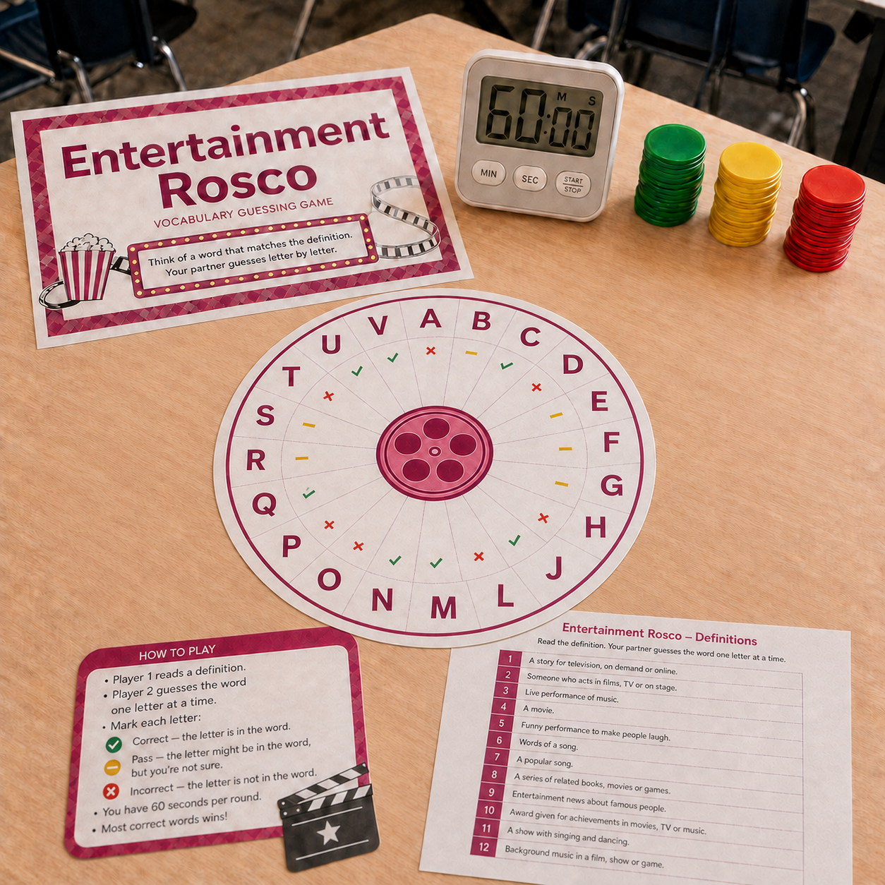 Rosco imprimible en inglés con 42 definiciones de vocabulario sobre cine, teatro y entretenimiento para 1.º de Bachillerato. Incluye soluciones.