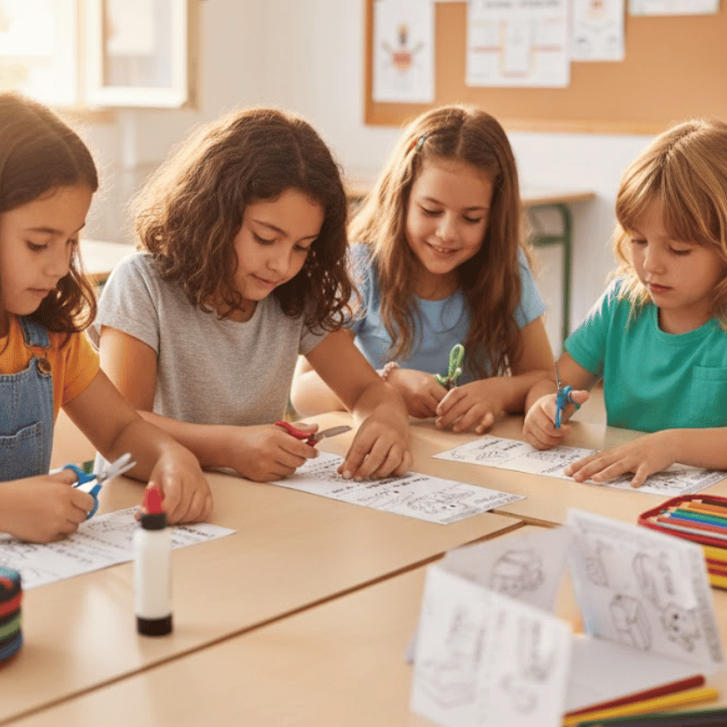 Recurso manipulativo multilingüe (inglés, español, francés, catalán y gallego) para trabajar preposiciones en Educación Primaria. Incluye acordeón imprimible.