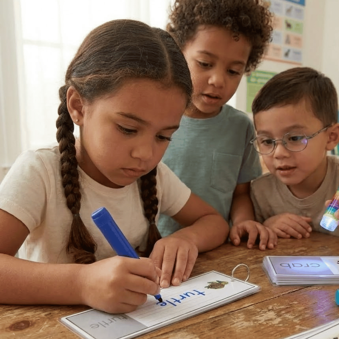 Descarga "Hidden Words Key Ring", un recurso de lectoescritura en inglés con sistema de autocorrección por trasluz. Ideal para trabajar el vocabulario de forma