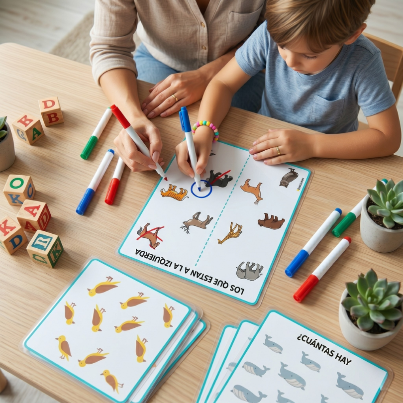 pack de 20 tarjetas con actividades diseñadas para trabajar la percepción espacial y la lateralidad en alumnado con tea y dislexia mediante ejercicios visuales...