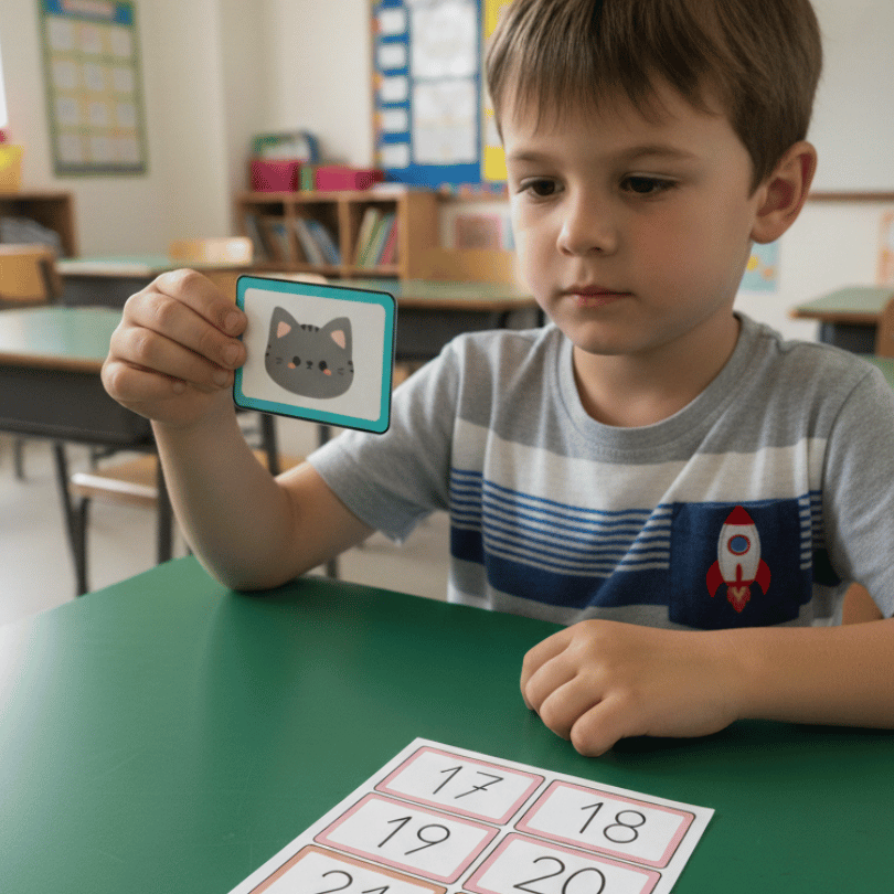 Juego manipulativo para trabajar números del 1 al 30 mediante una actividad de búsqueda y atención visual, ideal para Infantil y Primer Ciclo de Primaria.