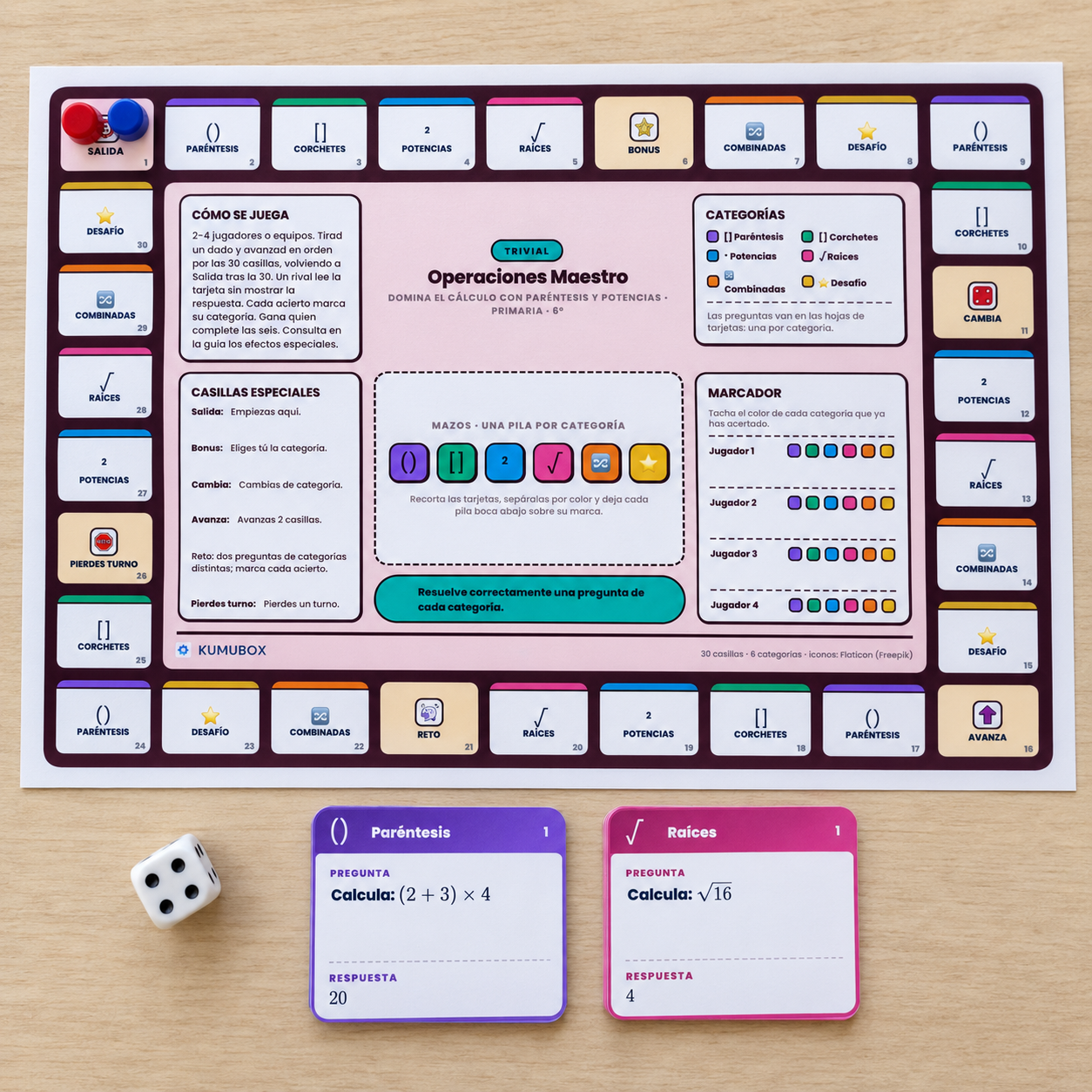 Practica operaciones combinadas con un tablero de 30 casillas y 48 tarjetas con respuestas. Juego de seis categorías para 6.º de Primaria.