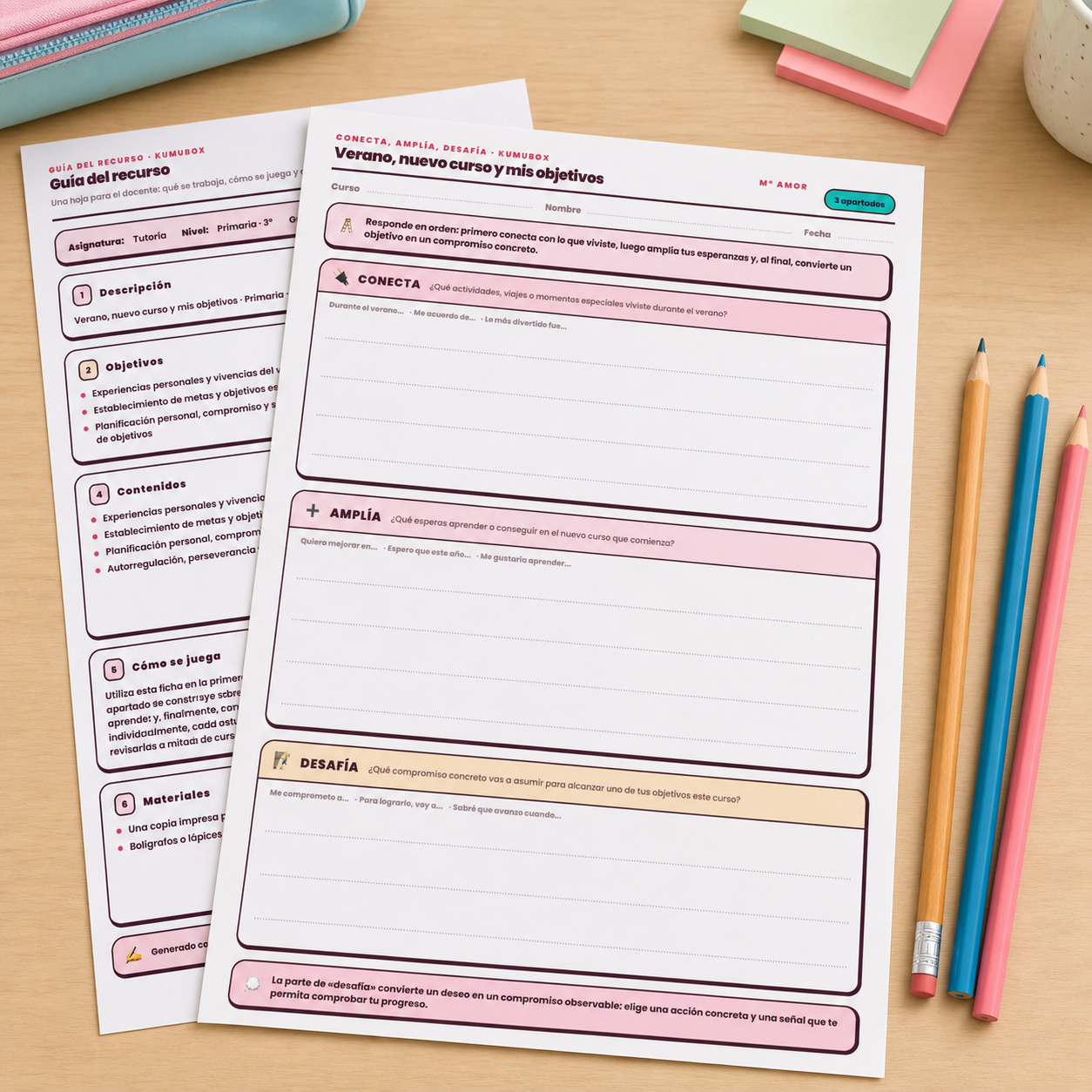 Ficha imprimible de tutoría para 3º de Primaria: recuerda el verano, formula objetivos del nuevo curso y convierte uno en un compromiso observable.