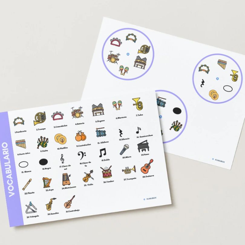 Juego educativo tipo Dobble con símbolos musicales para reforzar vocabulario, atención visual y expresión oral en clase de Música. Dinámica ideal para Primaria