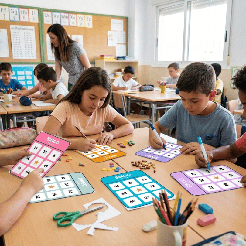 Bingo matemático de multiplicaciones para primaria. Juego educativo para practicar las tablas de multiplicar y el cálculo mental