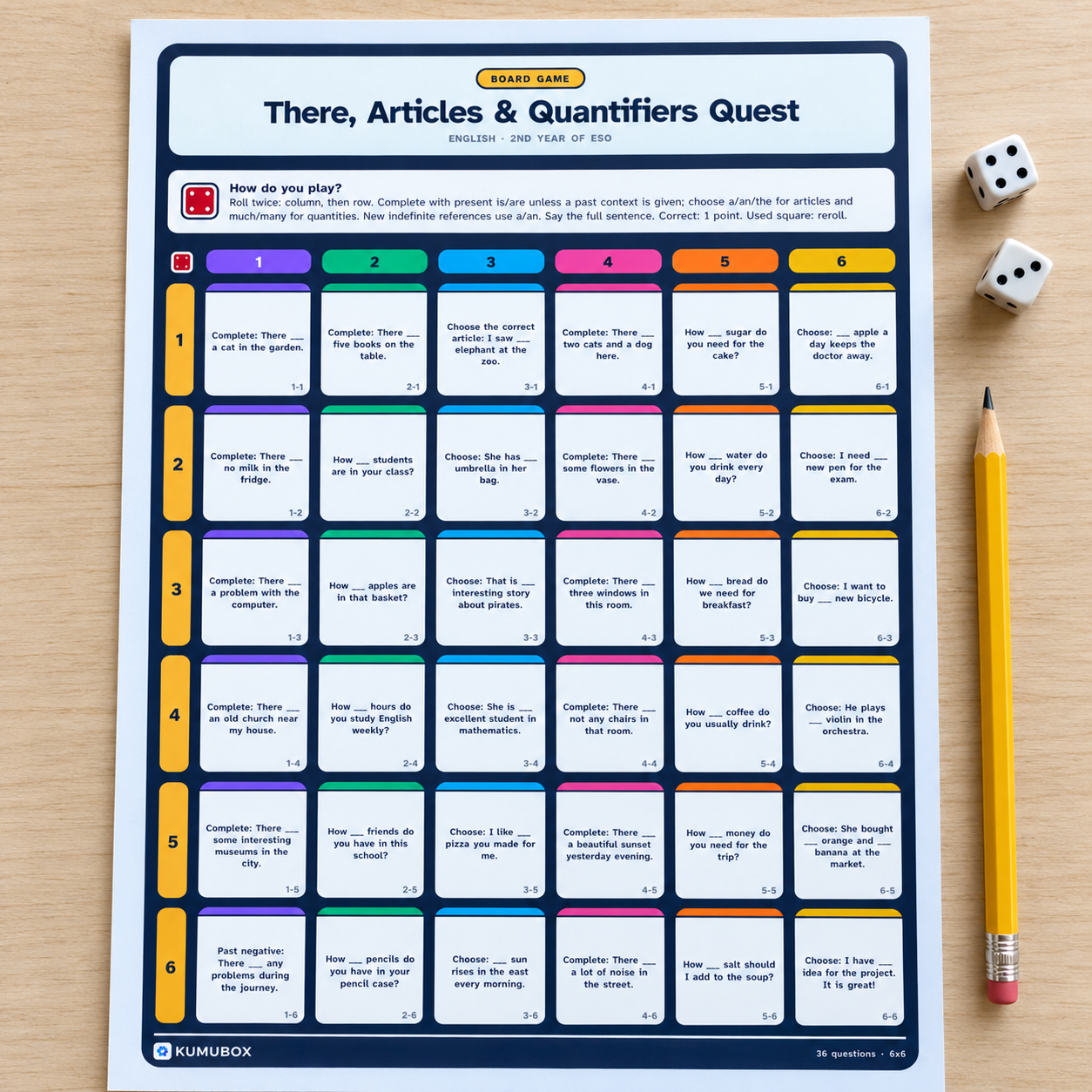 Tablero de inglés para 2.º ESO con 36 retos sobre there is/are, artículos y much/many. Incluye guía, currículo de Extremadura y solucionario.