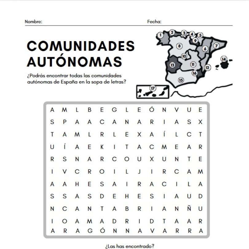 Ficha imprimible para localizar las comunidades autónomas de España. Ideal para reforzar la geografía política en primaria