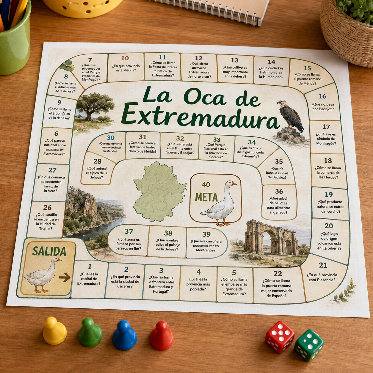 Juego imprimible de 40 casillas para aprender geografía, naturaleza, patrimonio y economía de Extremadura en Primaria. Incluye reglas y solucionario.