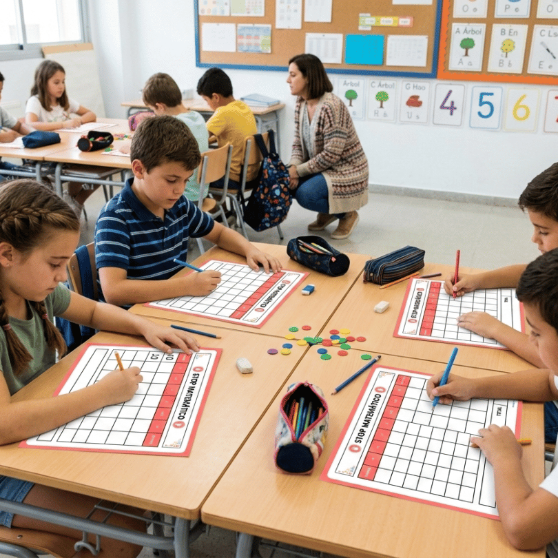 Stop Matemático es un juego educativo para 3º y 4º de primaria que desarrolla el cálculo mental y la comprensión de las operaciones básicas