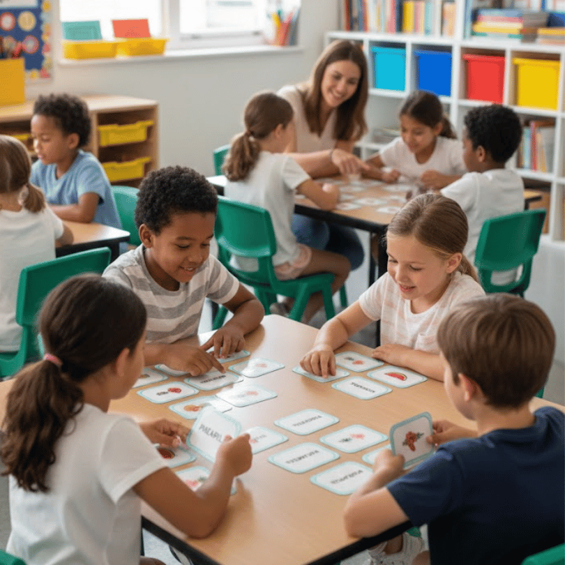 Juego educativo de asociación para aprender vocabulario de alimentos con imágenes y palabras. Recurso manipulativo para primaria disponible en varios idiomas