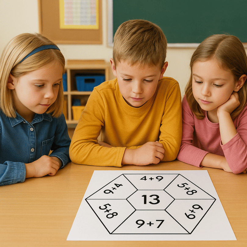 Puzzles en forma de hexágono para practicar sumas y restas sin llevadas del 10 al 30, ideales para cálculo mental, aprendizaje manipulativo