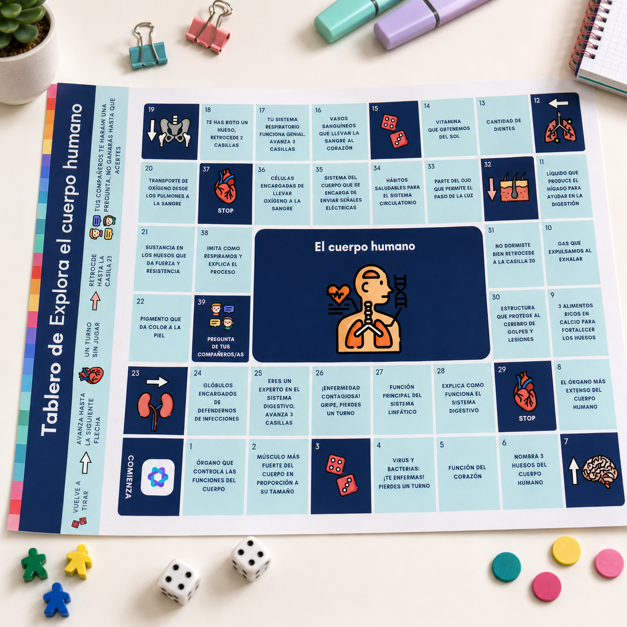 Este juego educativo tipo oca permite a los estudiantes de secundaria (3º ESO) reforzar sus conocimientos sobre el cuerpo humano y la salud de forma lúdica.