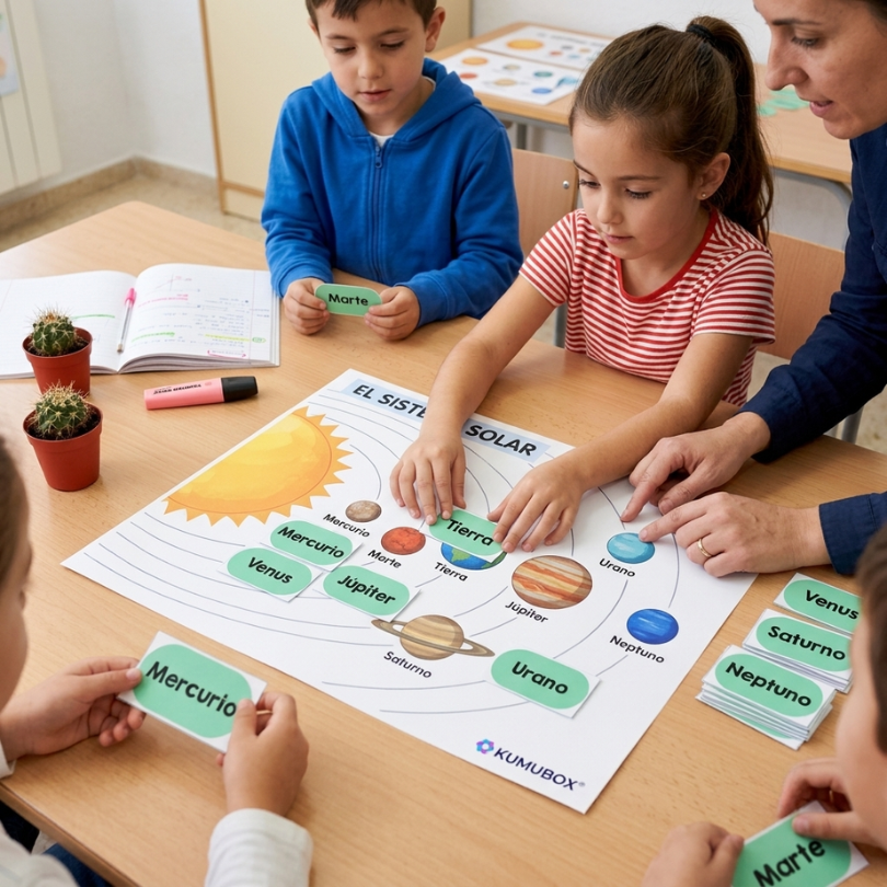 Descarga este recurso educativo sobre el Sistema Solar para 1.º y 2.º de Primaria. Incluye plantillas para memorizar los planetas