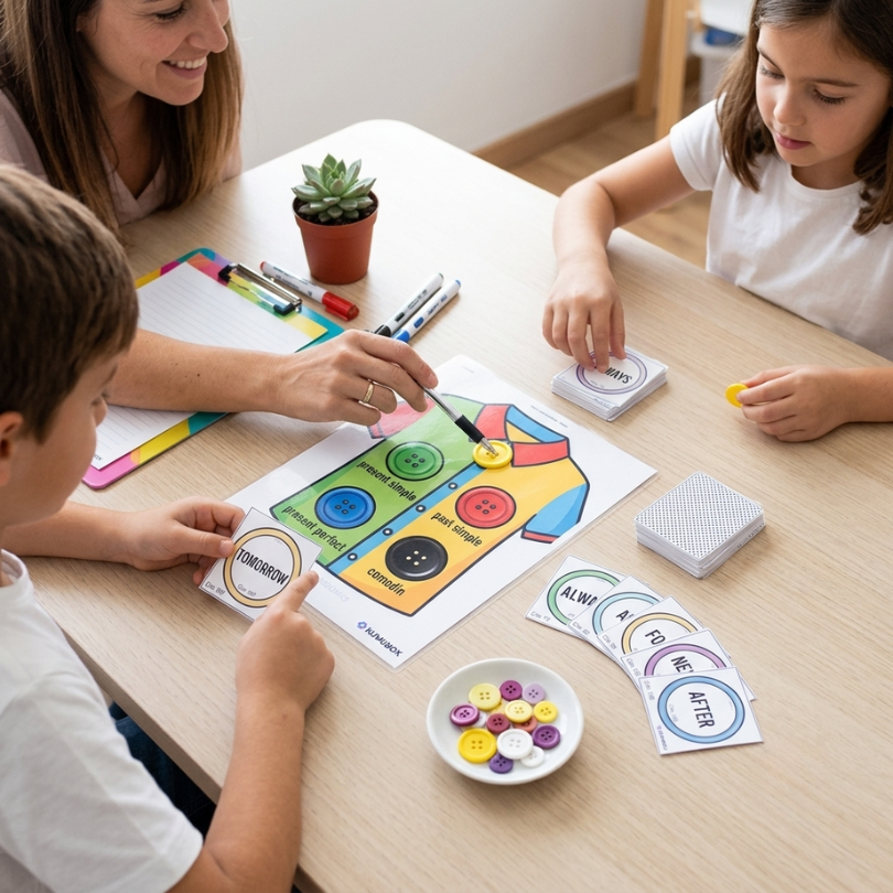shirts and buttons  tenses es un dinámico juego de mesa diseñado para reforzar la gramática inglesa a través de preguntas y respuestas utilizando tarjetas y bot...
