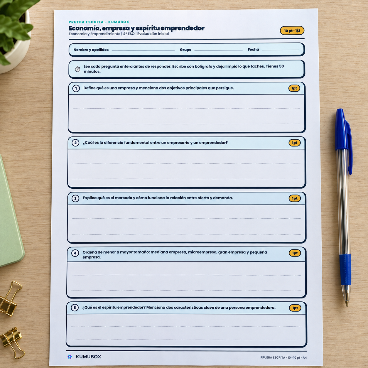 Evaluación inicial de Economía y Emprendimiento para 4.º ESO: diez preguntas abiertas, criterios diagnósticos, guía y respuestas orientativas.