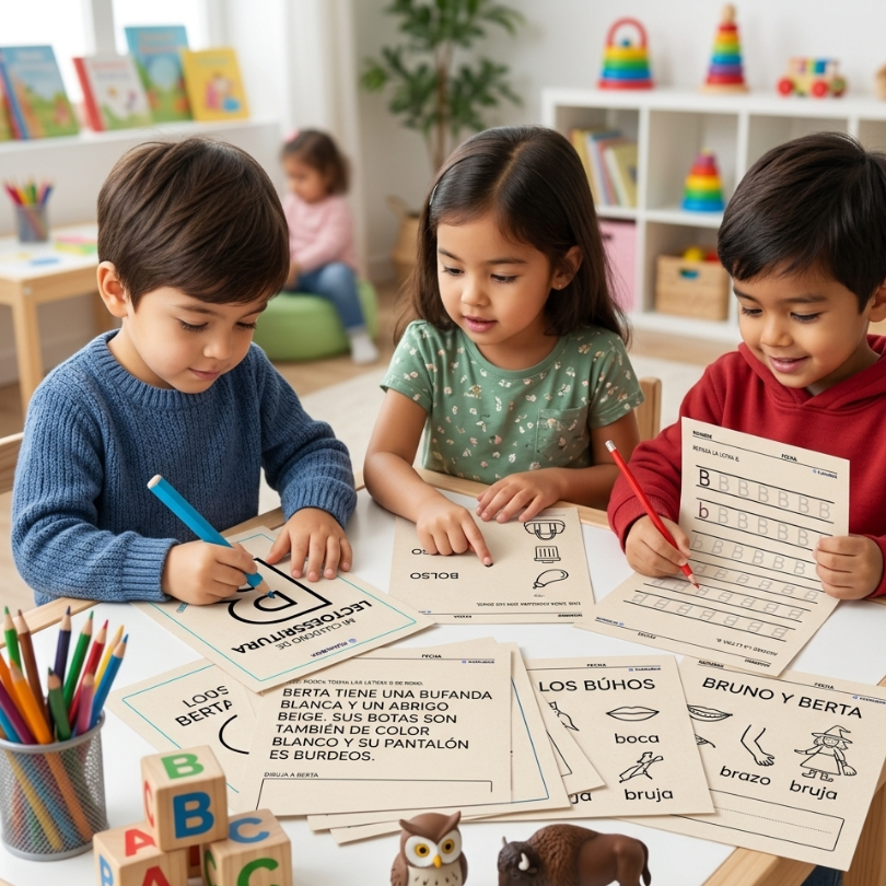este cuadernillo de lectoescritura está diseñado para alumnos de infantil y se centra en la letra b contiene 10 páginas fotocopiables con ejercicios interactivo...
