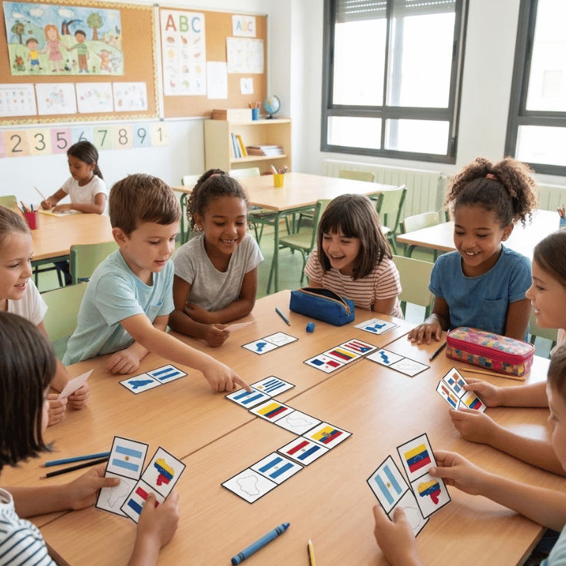 Descarga el dominó educativo de los países hispanohablantes. Asocia las siluetas geográficas con sus banderas correspondientes