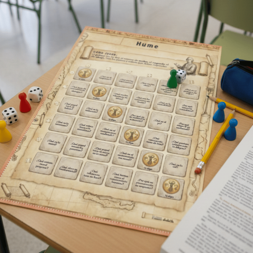 Descarga este tablero de juego interactivo para repasar a David Hume en 2º de Bachillerato. Incluye preguntas sobre empirismo, causalidad y ética, ideal