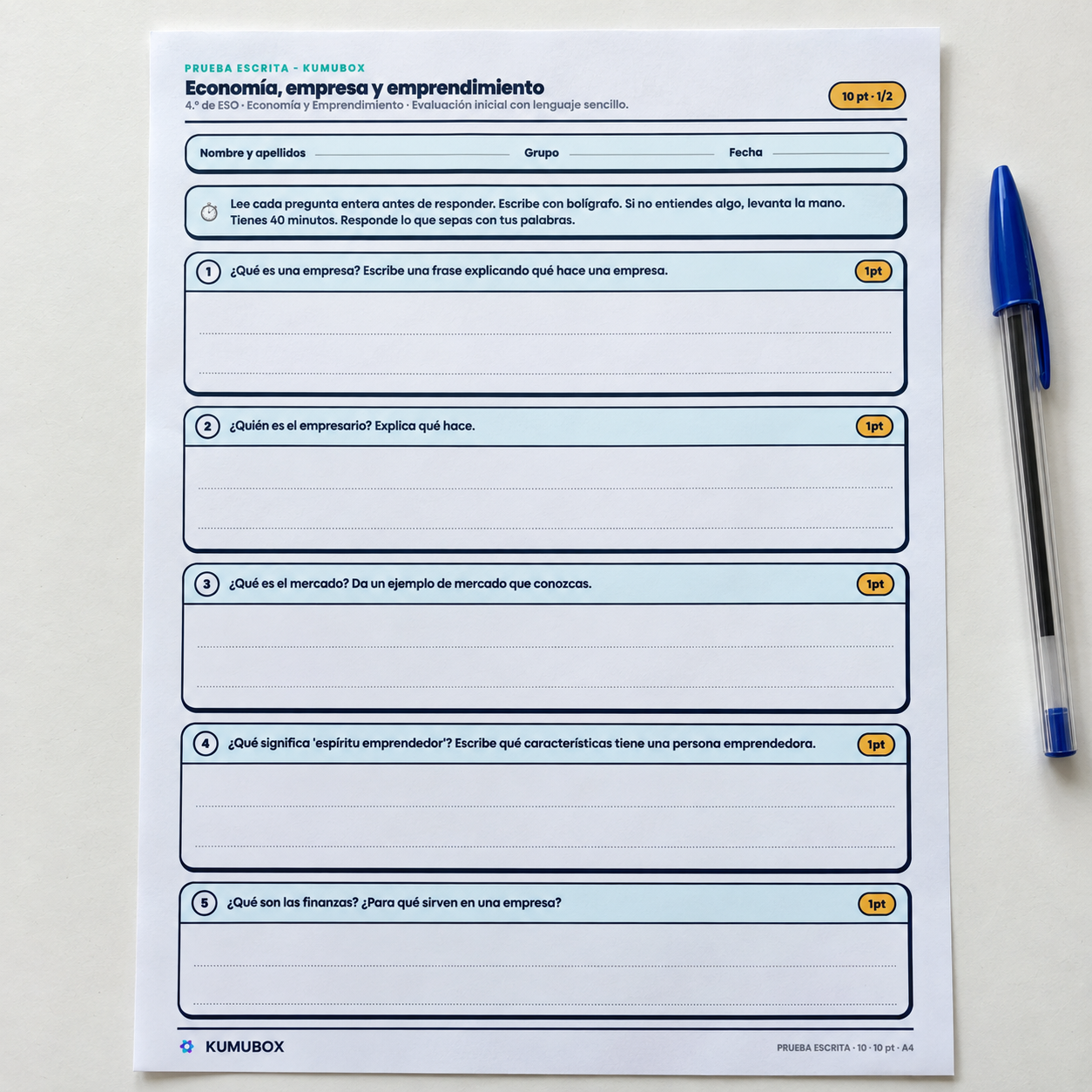 Evaluación inicial de Economía y Emprendimiento para 4.º de ESO: diez preguntas abiertas, guía de aplicación y respuestas orientativas.