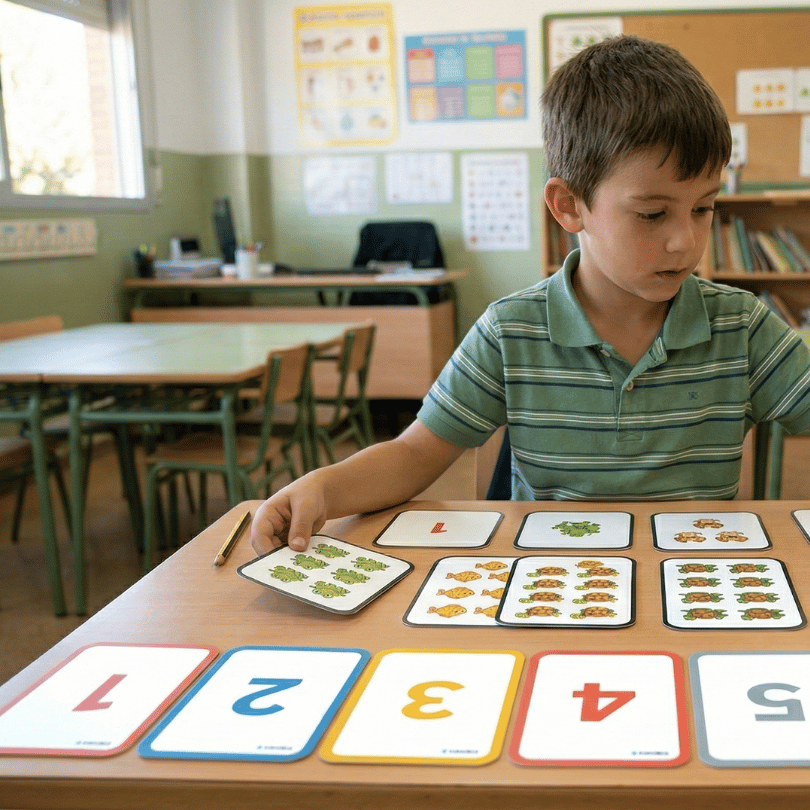 Recurso manipulativo para trabajar el conteo del 1 al 9 en 1º y 2º de Primaria mediante tarjetas de animales y láminas numéricas. Favorece la correspondencia nú