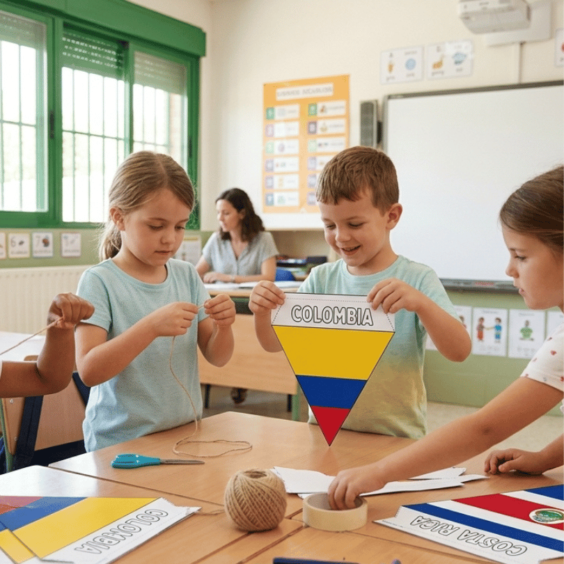 Descarga este recurso educativo con banderines de países hispanohablantes y sus banderas. Ideal para trabajar ciencias sociales y ELE en Educación Primaria