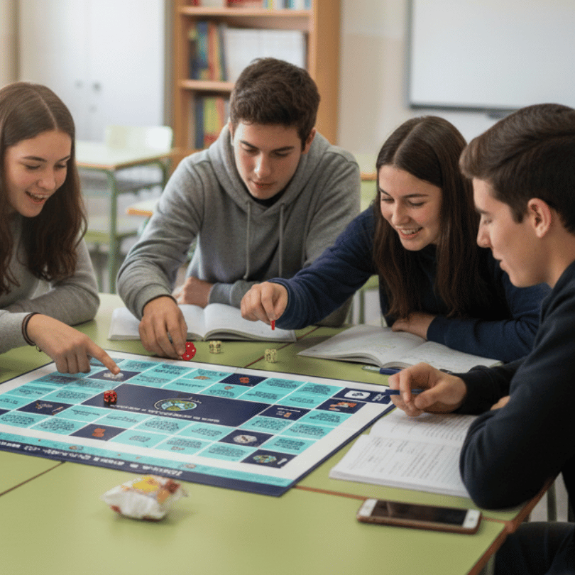 Juego de la oca educativo para repasar contenidos de Geografía e Historia mediante preguntas y retos, fomentando el aprendizaje activo y la cooperación