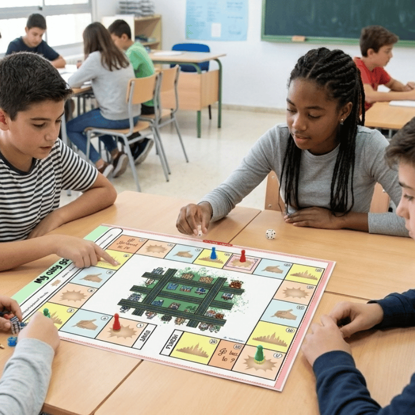 Recurso educativo "My city game" para 1º de ESO en inglés. Juego de mesa para trabajar "there is / there are", preposiciones de lugar y vocabulario de la ciudad