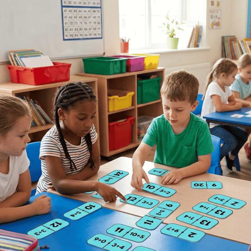Dominó de sumas para 2º de Primaria diseñado para reforzar el cálculo mental hasta el 20 mediante el juego. Recurso manipulativo y multilingüe (español, inglés,
