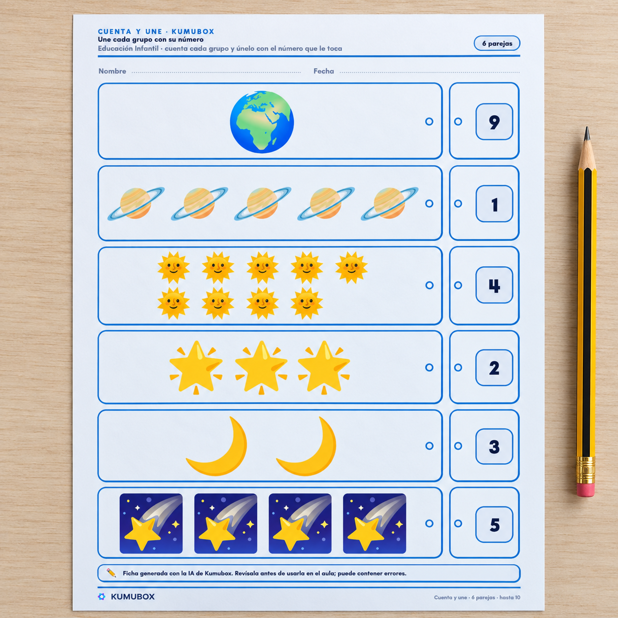 Ficha de conteo espacial para Infantil de 5 años: seis asociaciones cantidad-número, solucionario y guía docente en un PDF de cuatro páginas.