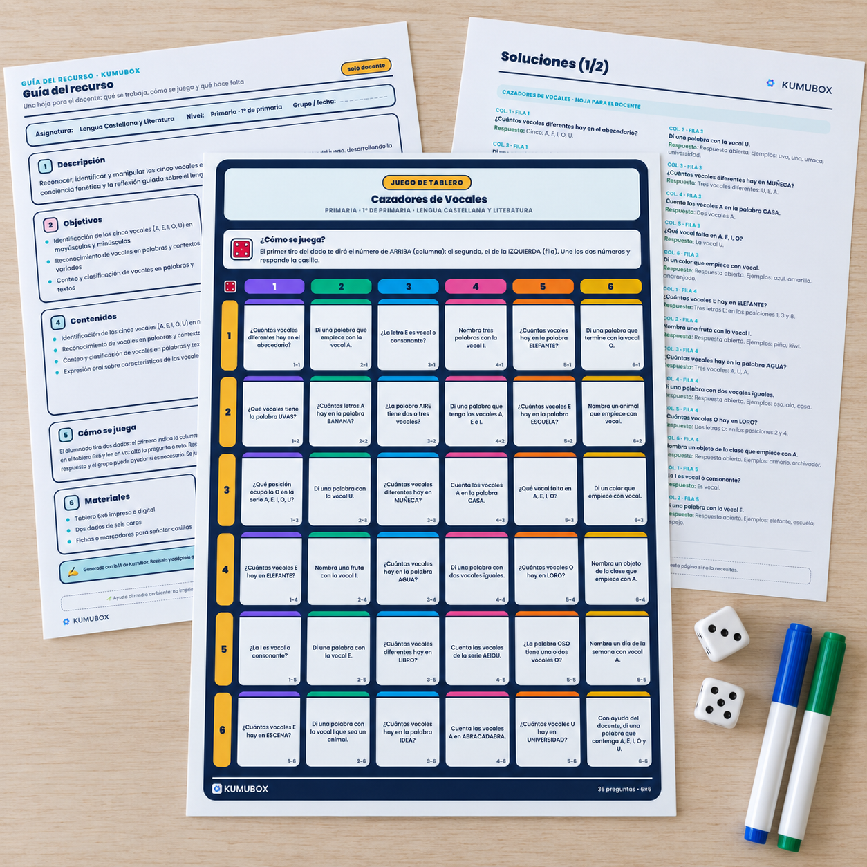 Practica las cinco vocales con 36 retos en un tablero 6×6 para 1.º de Primaria. Incluye guía docente, concreción curricular y solucionario.