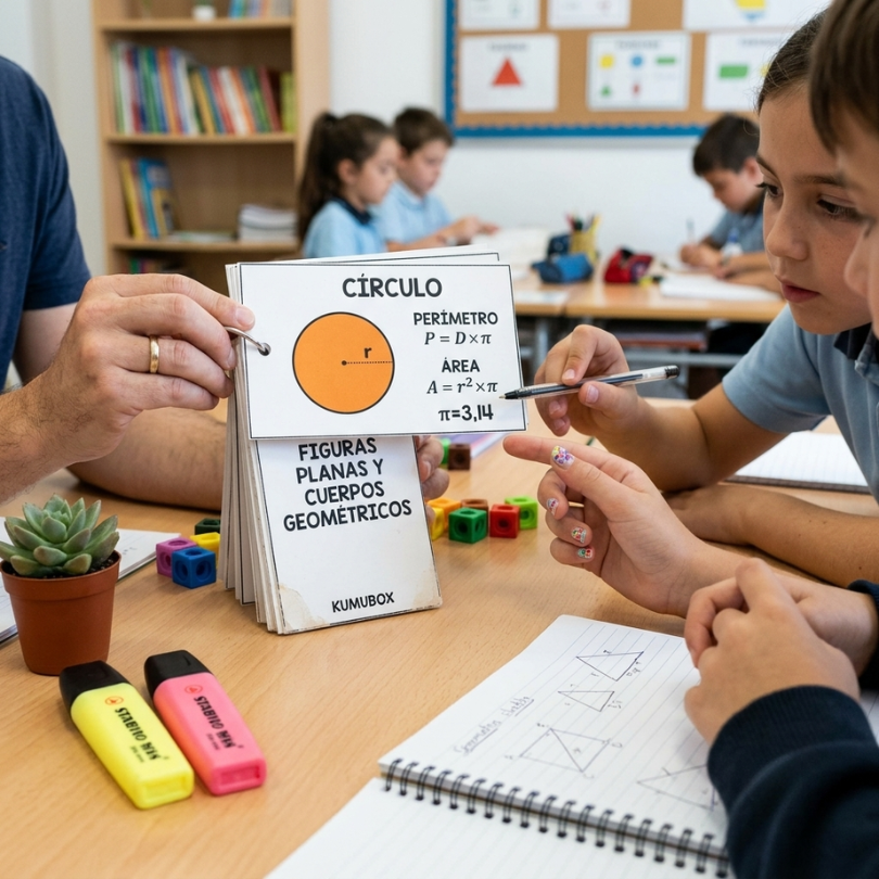 este recurso didáctico consiste en un conjunto de 15 tarjetas con fórmulas geométricas esenciales para calcular área y perímetro en figuras planas así como área...