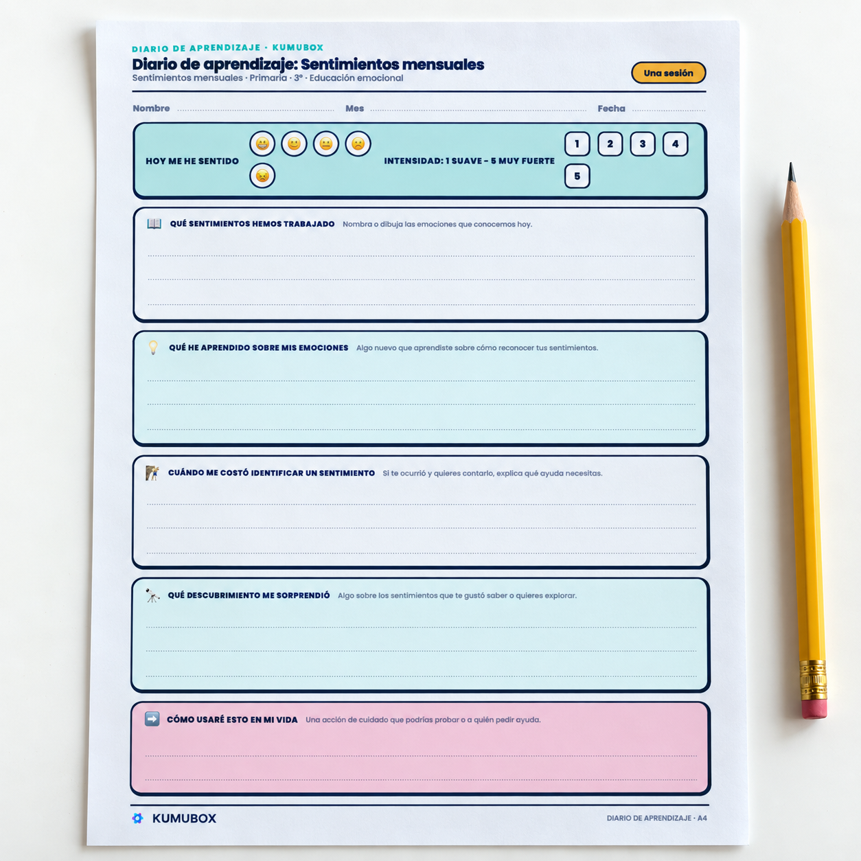 Ficha de reflexión emocional para 3.º de Primaria: aprendizajes, dudas y acciones de cuidado. Incluye guía docente y participación voluntaria.