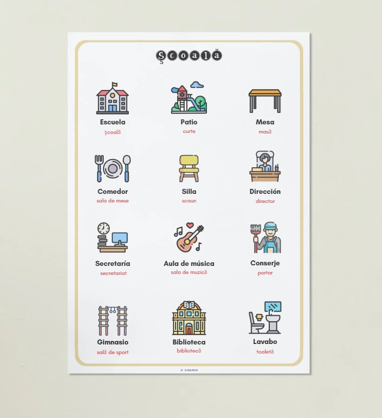 Diccionario ilustrado Español-Rumano para primaria con vocabulario escolar básico. Ideal para apoyar la comunicación y la inclusión de estudiantes bilingües