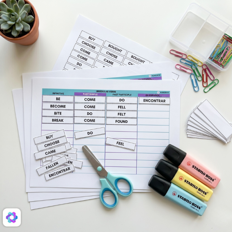 recurso educativo manipulativo para aprender y clasificar 37 verbos irregulares en inglés incluye una tabla a4 y 148 tarjetas con los verbos en infinitive past...