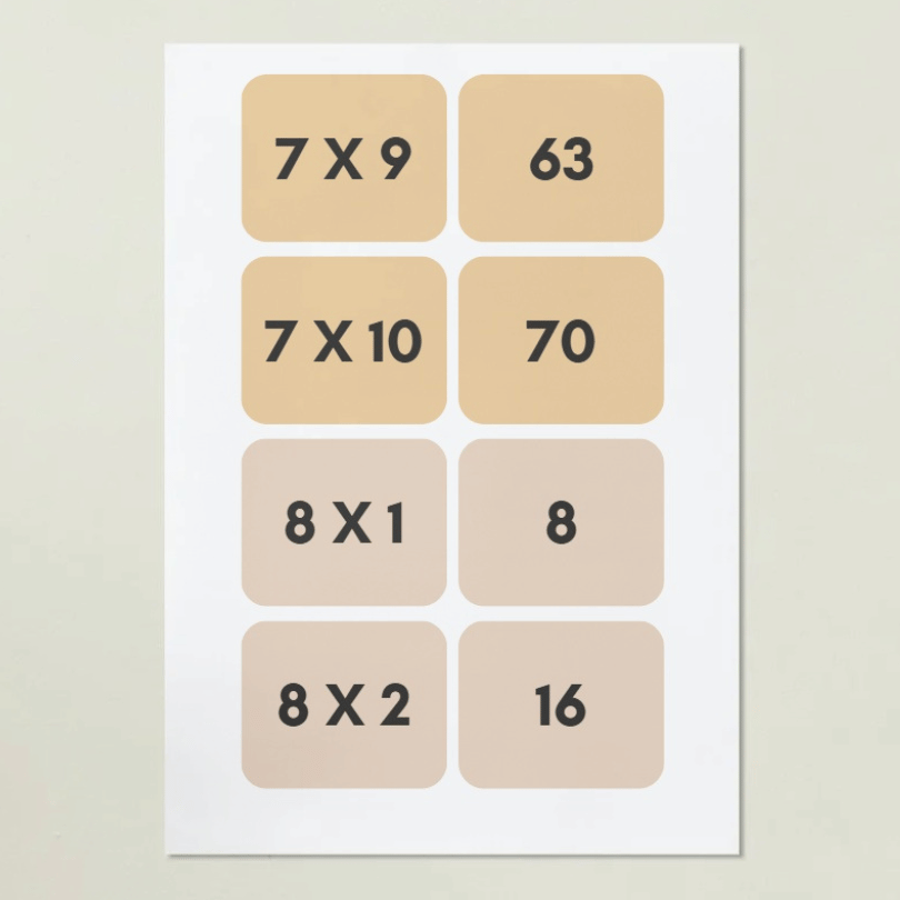 Juego tipo memory para reforzar las tablas del 7 al 9 en primaria. Ideal para mejorar el cálculo mental, fomentar la atención y trabajar las matemáticas.