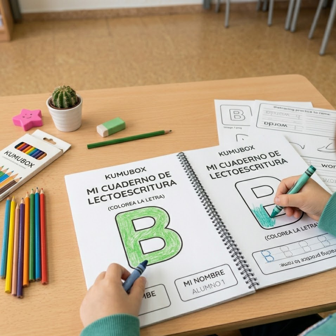 este cuadernillo de lectoescritura está diseñado para alumnos de infantil y se centra en la letra b contiene 10 páginas fotocopiables con ejercicios interactivo...