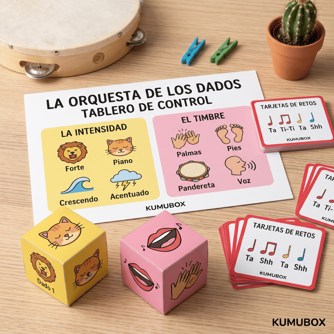 Un juego manipulativo de Educación Artística para trabajar la lectura rítmica, la intensidad y el timbre mediante dados y tarjetas de reto. Incluye DUA y 5 sda.