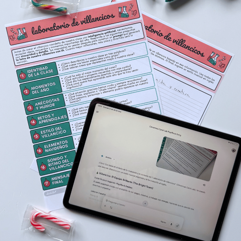 Recurso educativo navideño para primaria y secundaria: crea villancicos personalizados con inteligencia artificial (ChatGPT y Suno). Fomenta la reflexión emocio